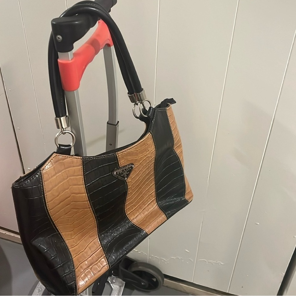 Authentic Prada Black and Tan Croc-Pattern Shoulder Bag - Picture 4 of 10